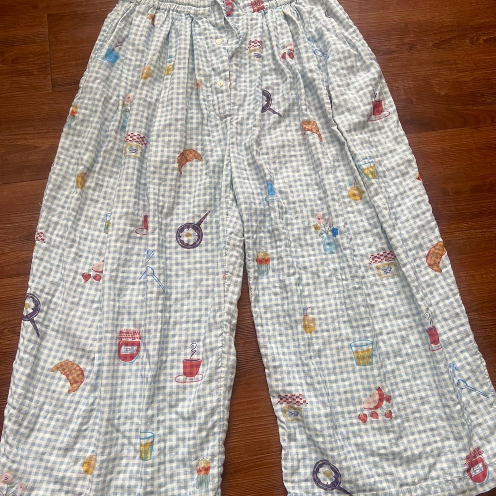 Anthropologie Blue Gingham Wide-Leg Lounge Pants & Top - Picture 3 of 6
